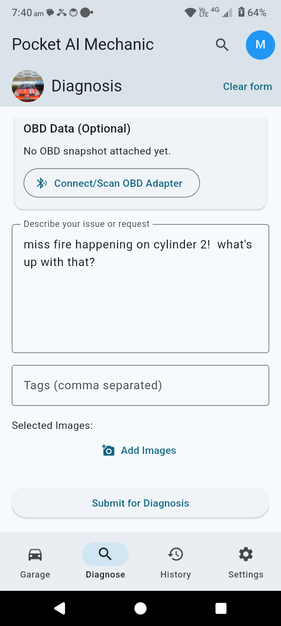 Diagnosis form with symptom text, tags, and image options