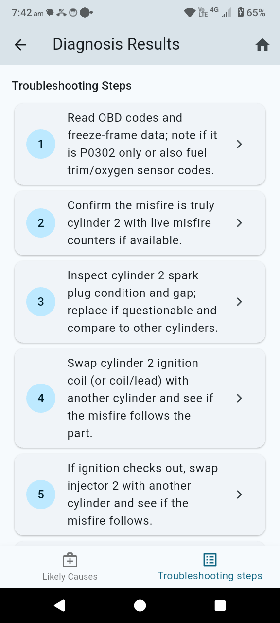 Pocket AI Mechanic diagnosis results with ranked likely causes and steps