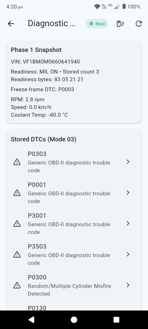 OBD snapshot screen used during diagnosis