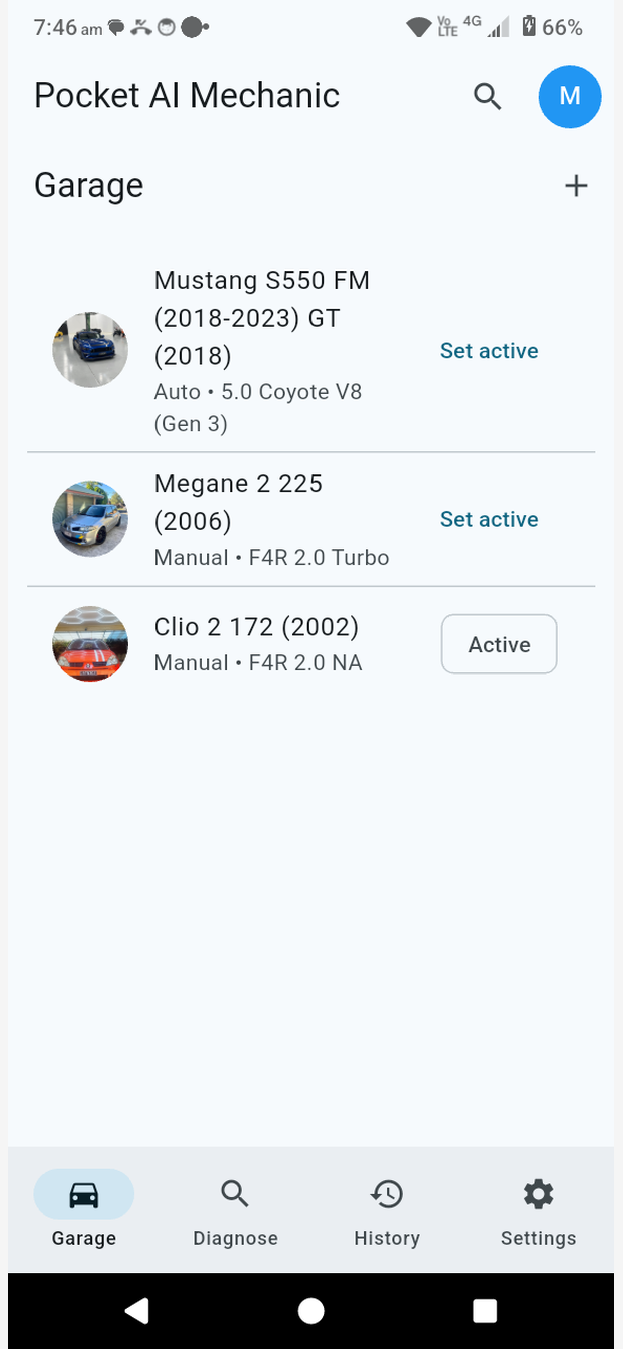 Pocket AI Mechanic garage tab with the active vehicle selection