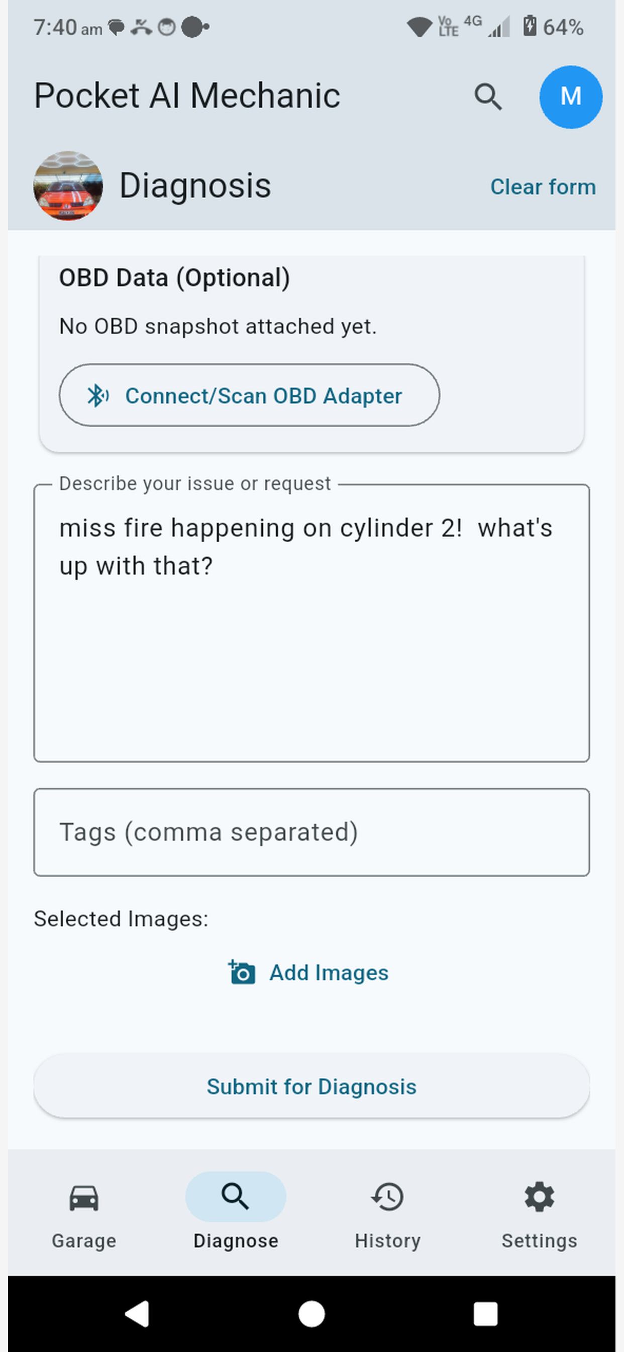 Pocket AI Mechanic diagnosis form with a cylinder 2 misfire description