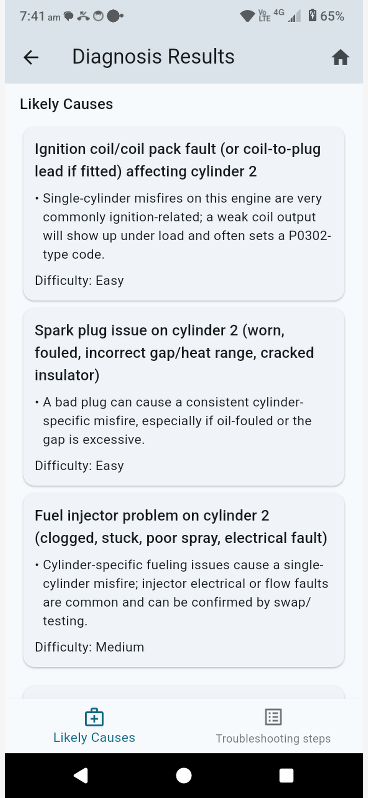 Pocket AI Mechanic diagnosis results showing likely causes for a cylinder 2 misfire