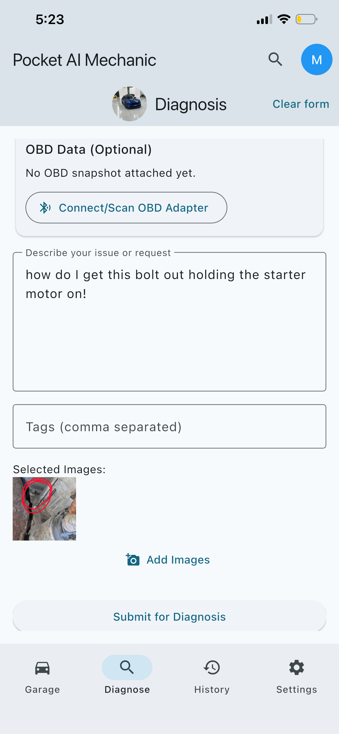 Pocket AI Mechanic diagnosis form showing a starter motor bolt question and attached image