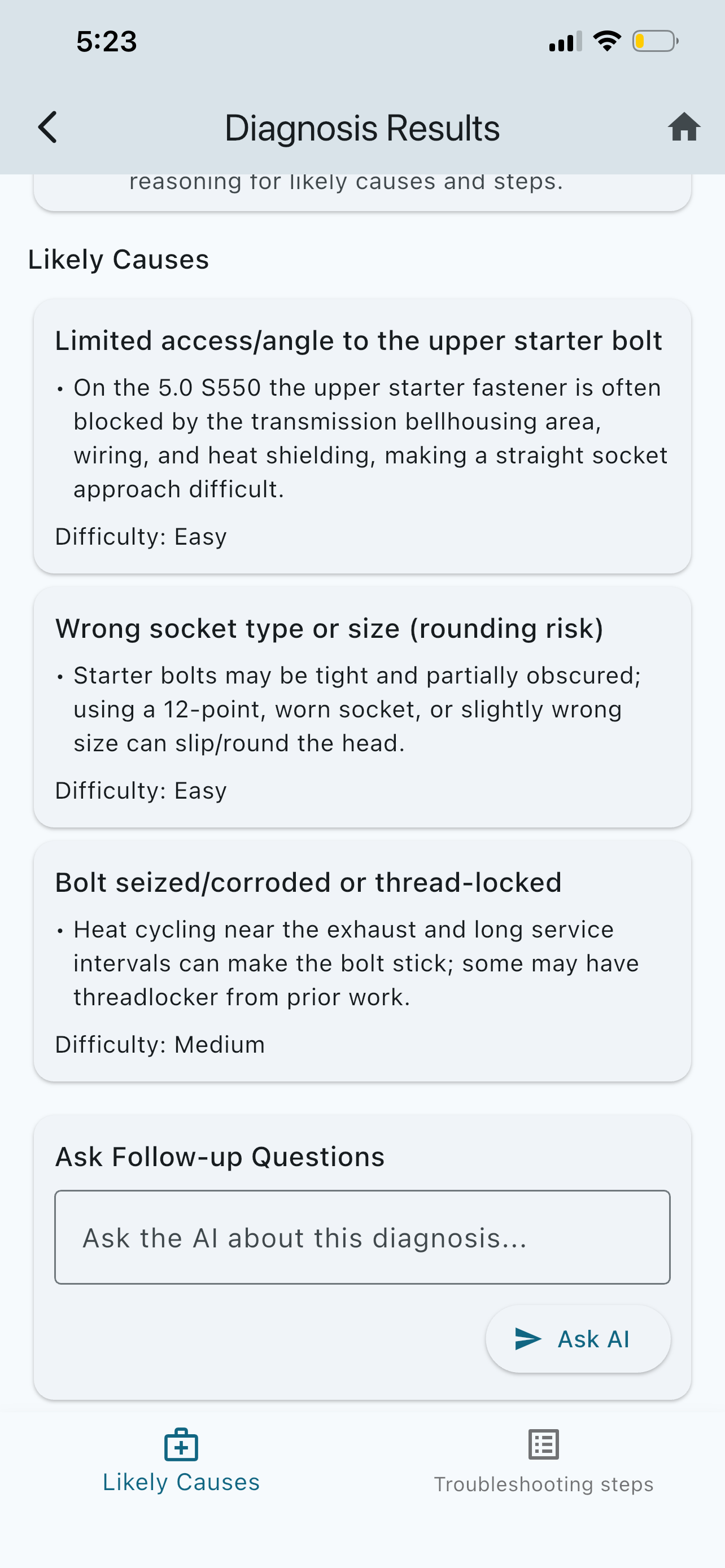 Pocket AI Mechanic diagnosis results showing likely causes for removing a starter motor bolt