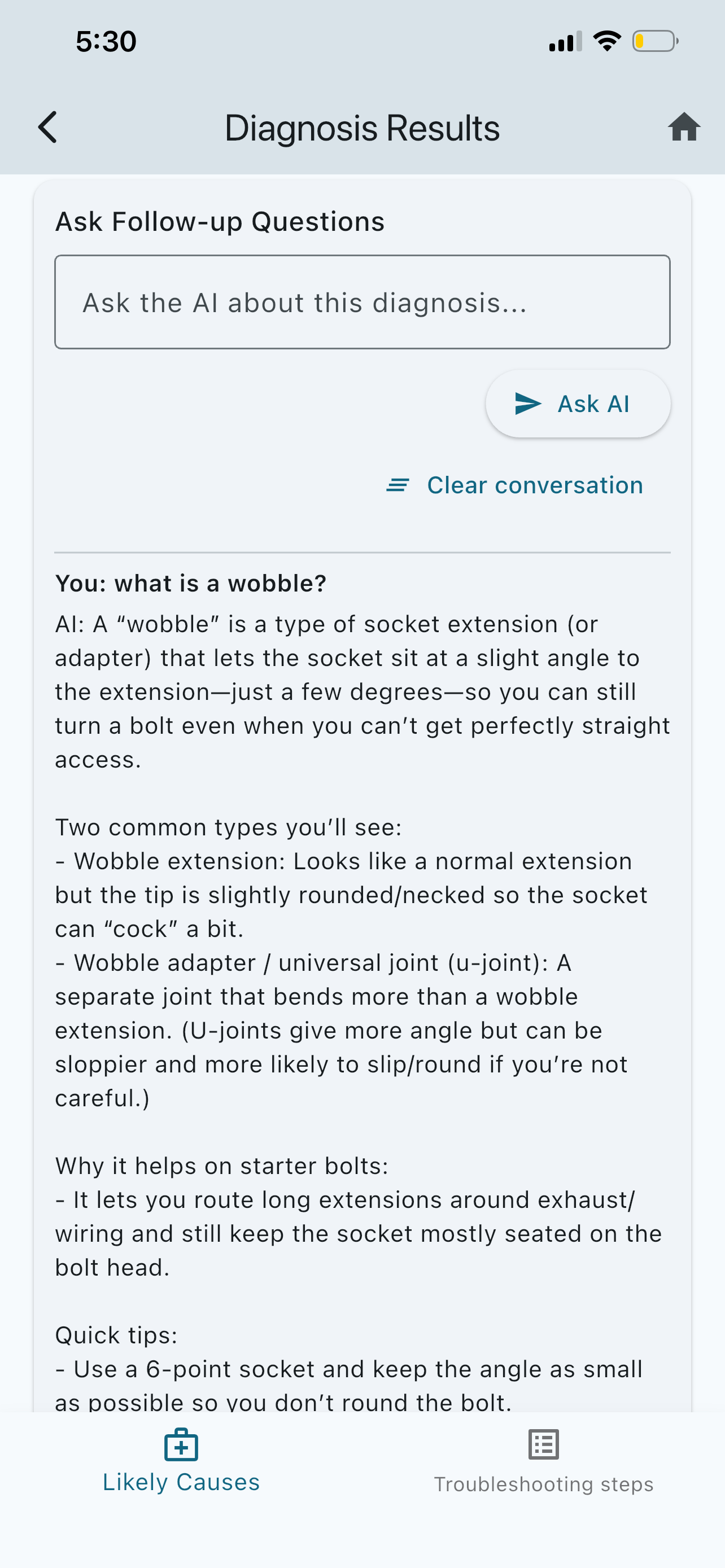 Pocket AI Mechanic follow-up answer explaining what a wobble extension is