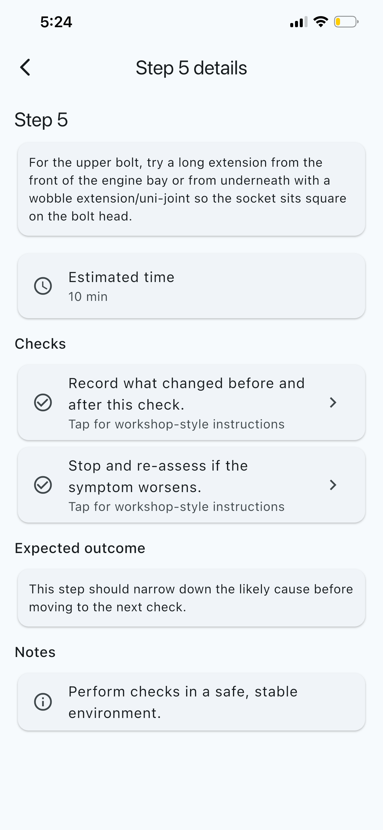 Pocket AI Mechanic step details view for the starter bolt removal guidance