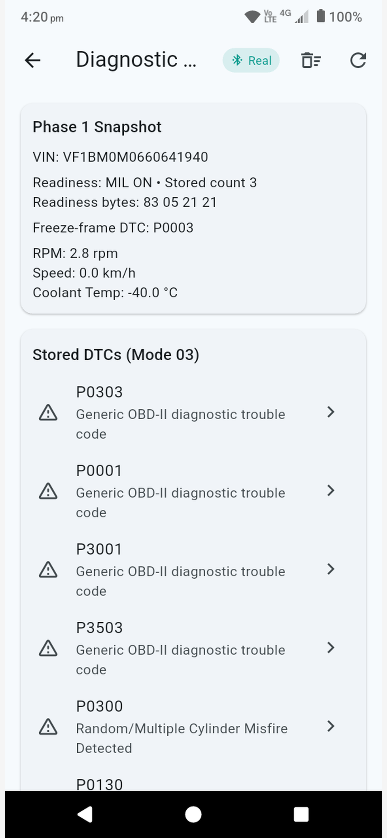 Pocket AI Mechanic OBD diagnostic snapshot and stored DTC list