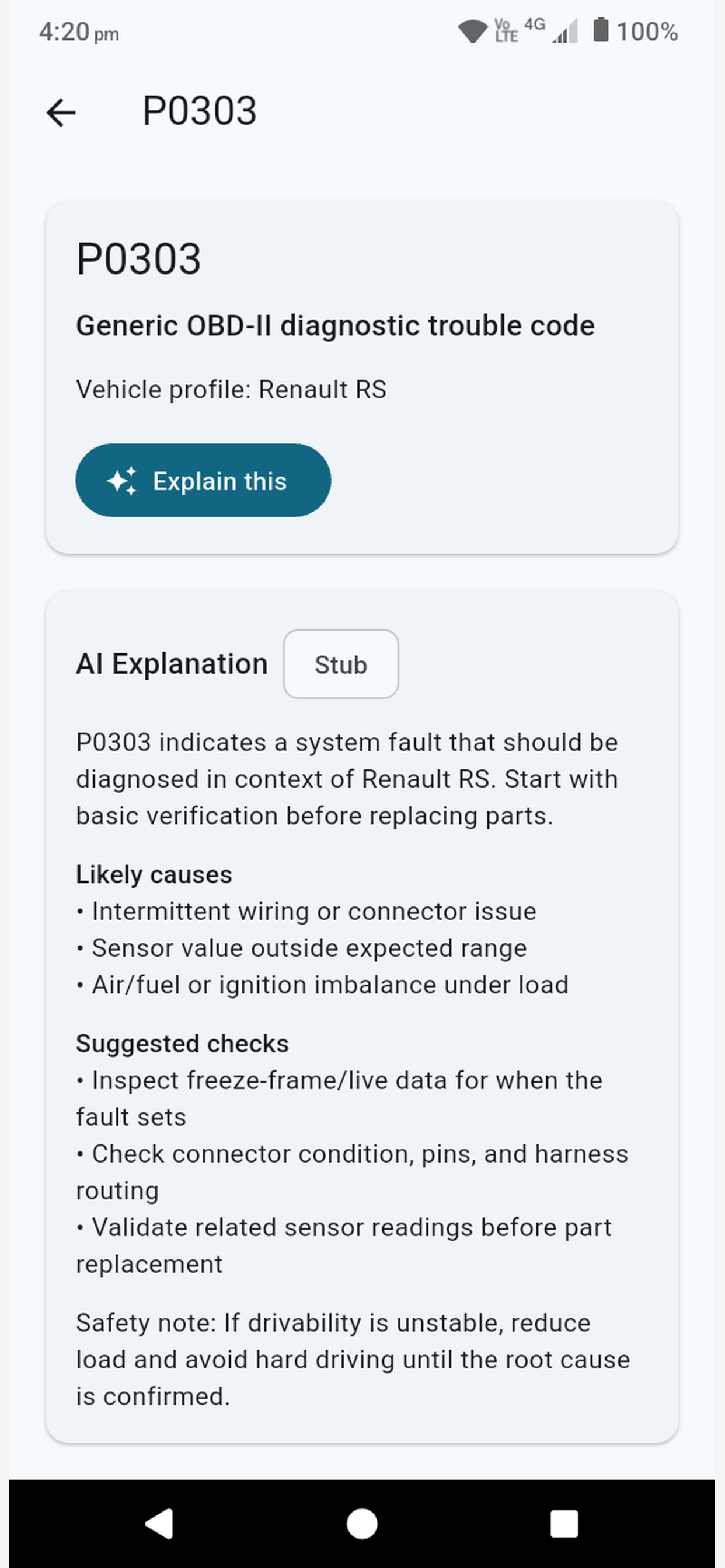 Pocket AI Mechanic AI explanation for a selected OBD fault code