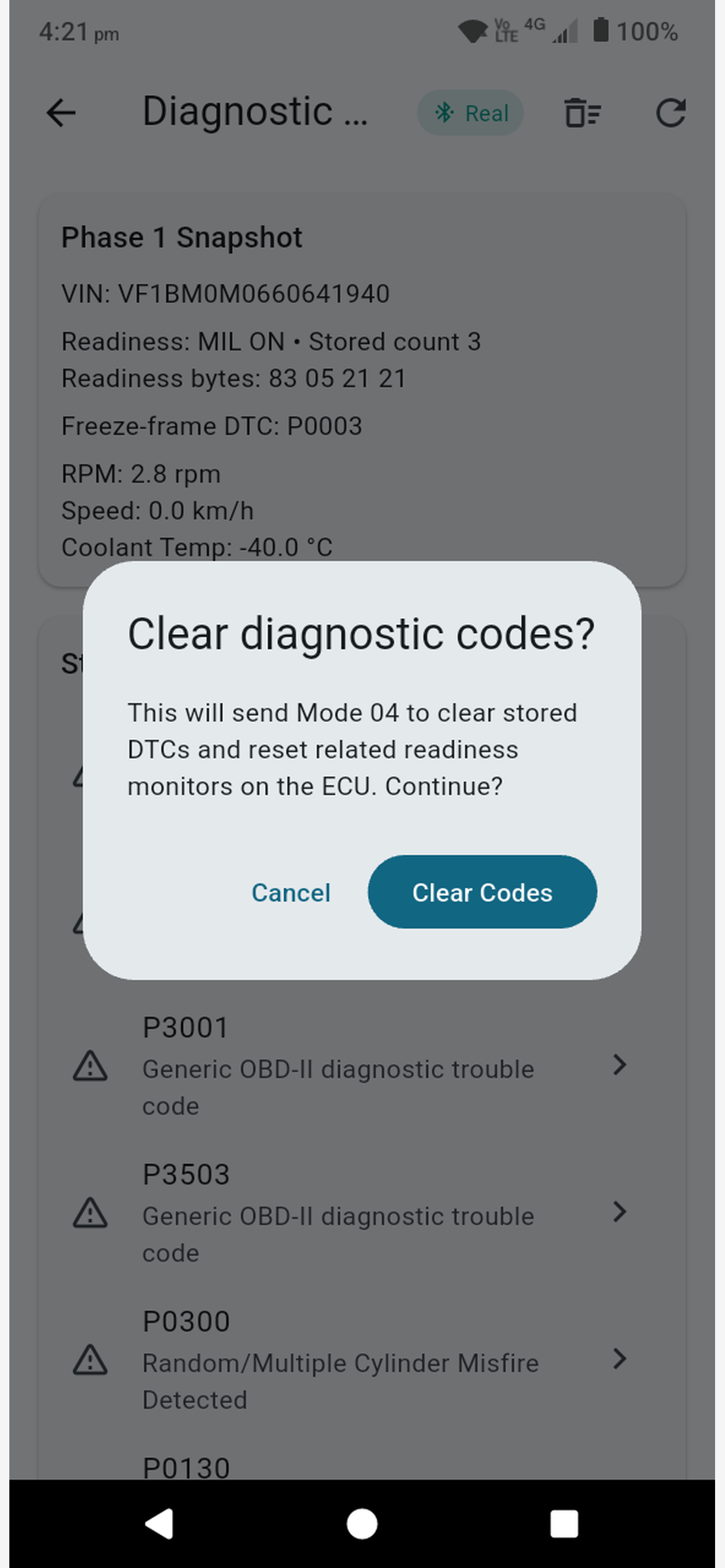 Pocket AI Mechanic clear diagnostic codes confirmation dialog